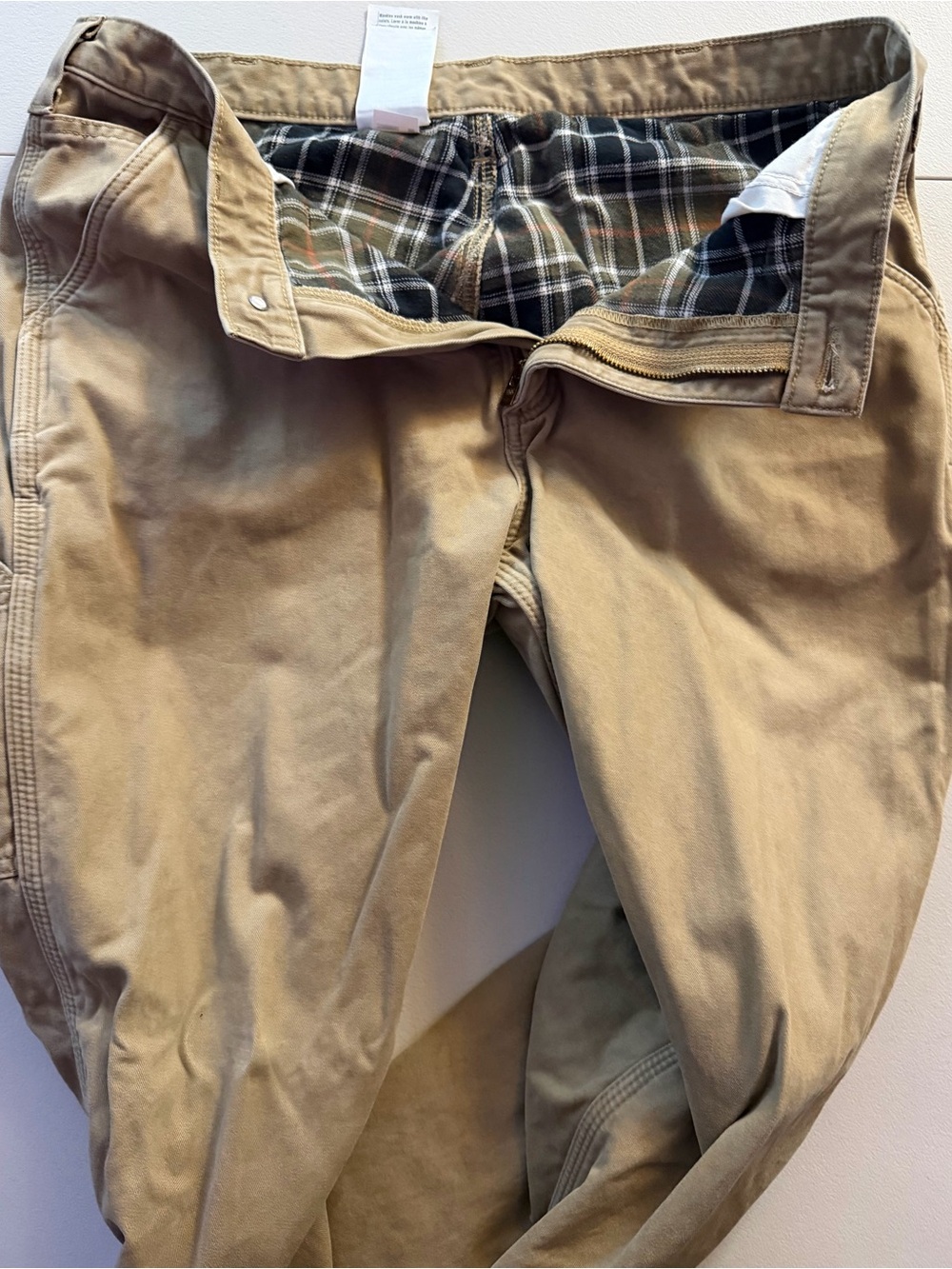 Carhartt Tan Work Chinos with Plaid Waistband Lining